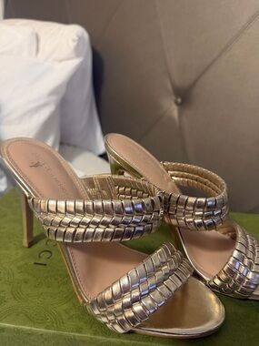 BCBGeneration Metallic Gold Braided Strap High Heel Sandals